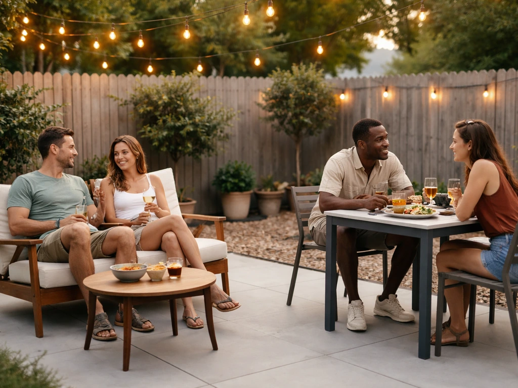 Two diners relax outdoors on a simple patio—one on lounge seating, one at a family-style table