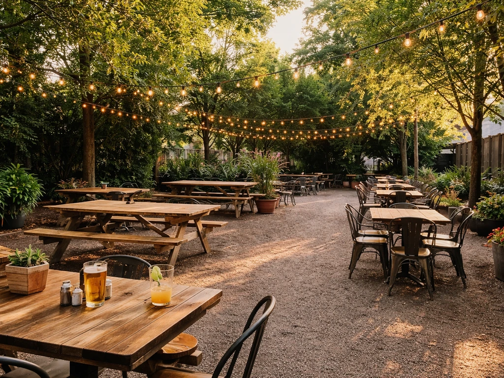 Outdoor patio at Geer Street Garden with neatly set tables, string lights, and lush greenery