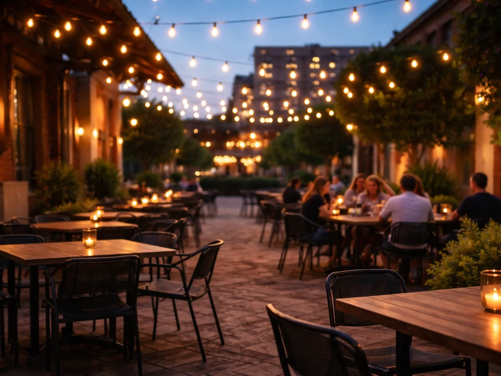 Evening patio near American Tobacco Campus with warm string lights and outdoor seating in downtown Durham.