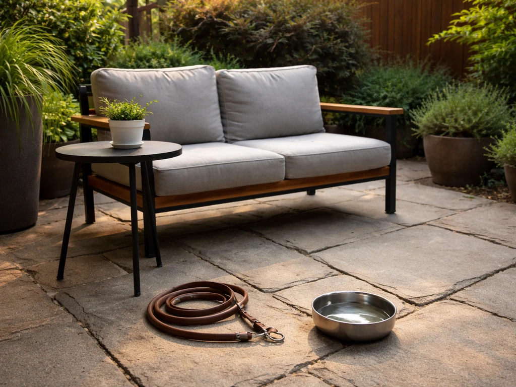 Minimal Denver patio with open space, leash on the ground, and a water bowl for a dog-friendly setup.
