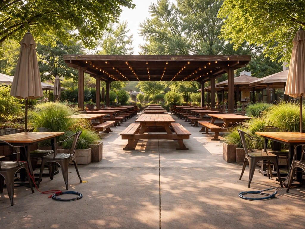 Quiet Lowry Beer Garden patio with shaded pavilion and greenery, set up for dog-friendly lounging.