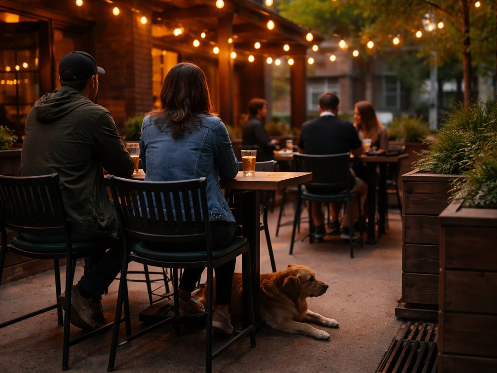 Warm dog-friendly patio in Capitol Hill with string lights, outdoor seating, and a relaxed small dog