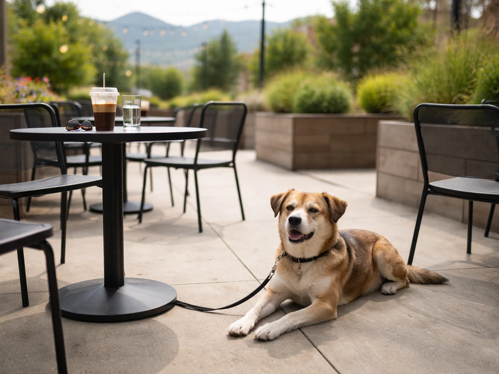Leashed dog on the ground beside a patio table, with chairs pushed back to keep furniture clear.