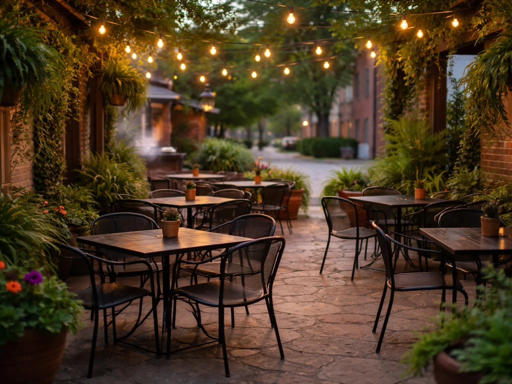 Warm evening patio with outdoor tables, greenery, and string lights in Springfield, Missouri vibe