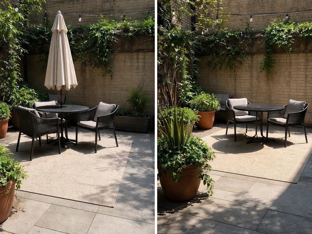 Patio setup showing shaded umbrella seating and an open-sun table in a simple outdoor courtyard
