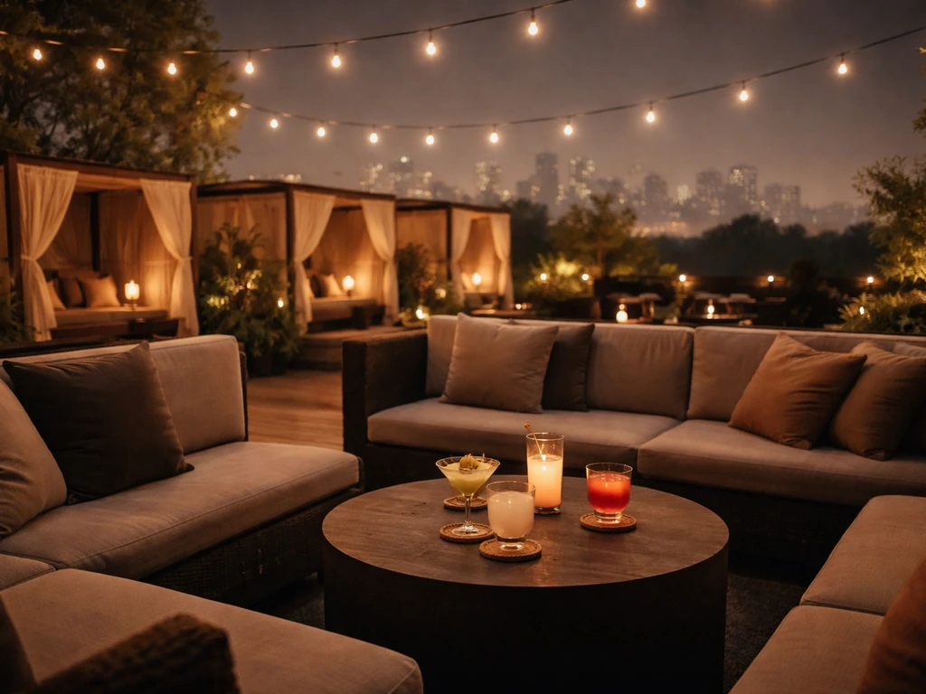 Warmly lit rooftop patio lounge with cabanas and cozy seating under string lights at night