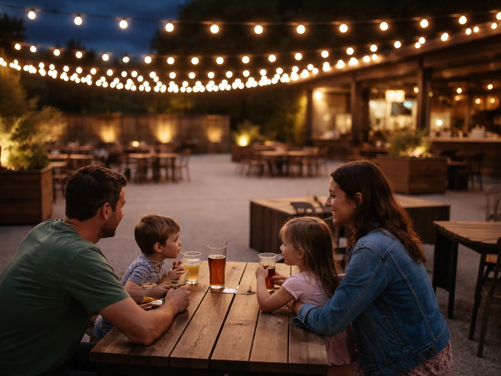 Family seated on a brewery patio under warm string lights in Springfield, Missouri