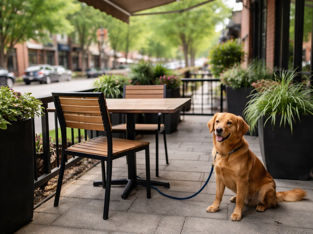 Calm leashed dog on a downtown restaurant patio with potted plants and family-friendly seating.