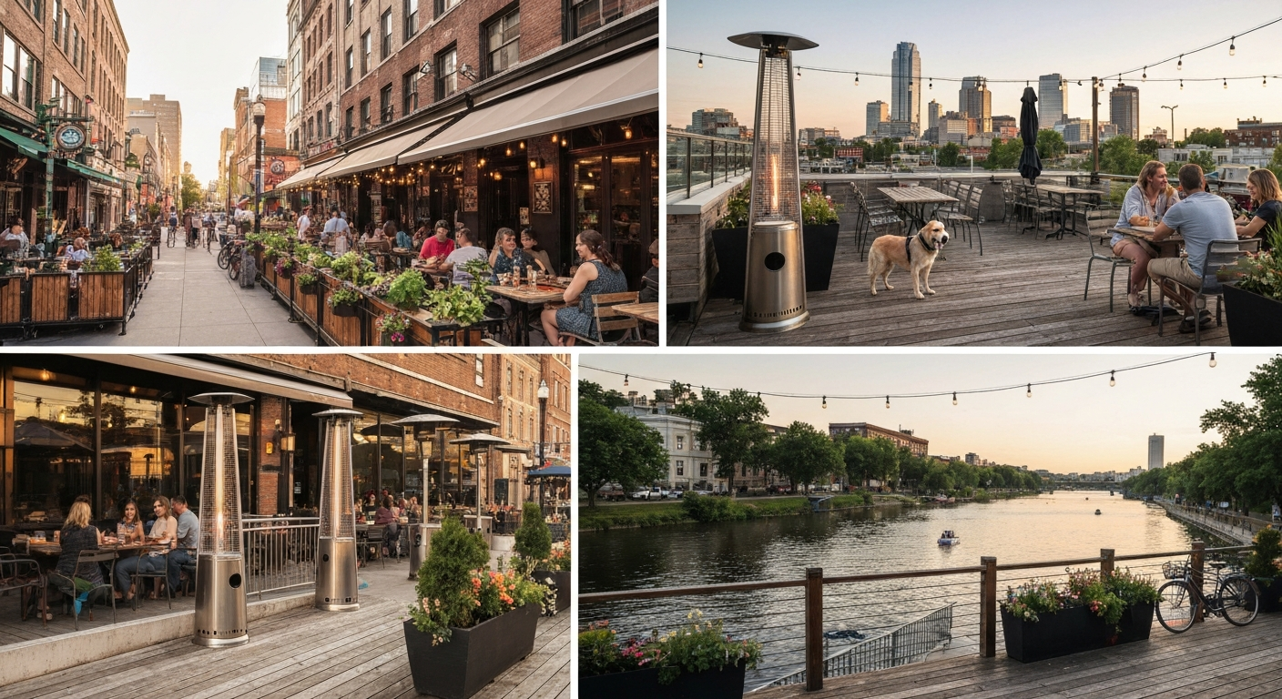 Panoramic summer collage of vibrant Ottawa patios—downtown street terrace with a retractable canopy, a rooftop with skyline views, and a riverside deck along the canal, with diners, string lights, heaters and a dog.